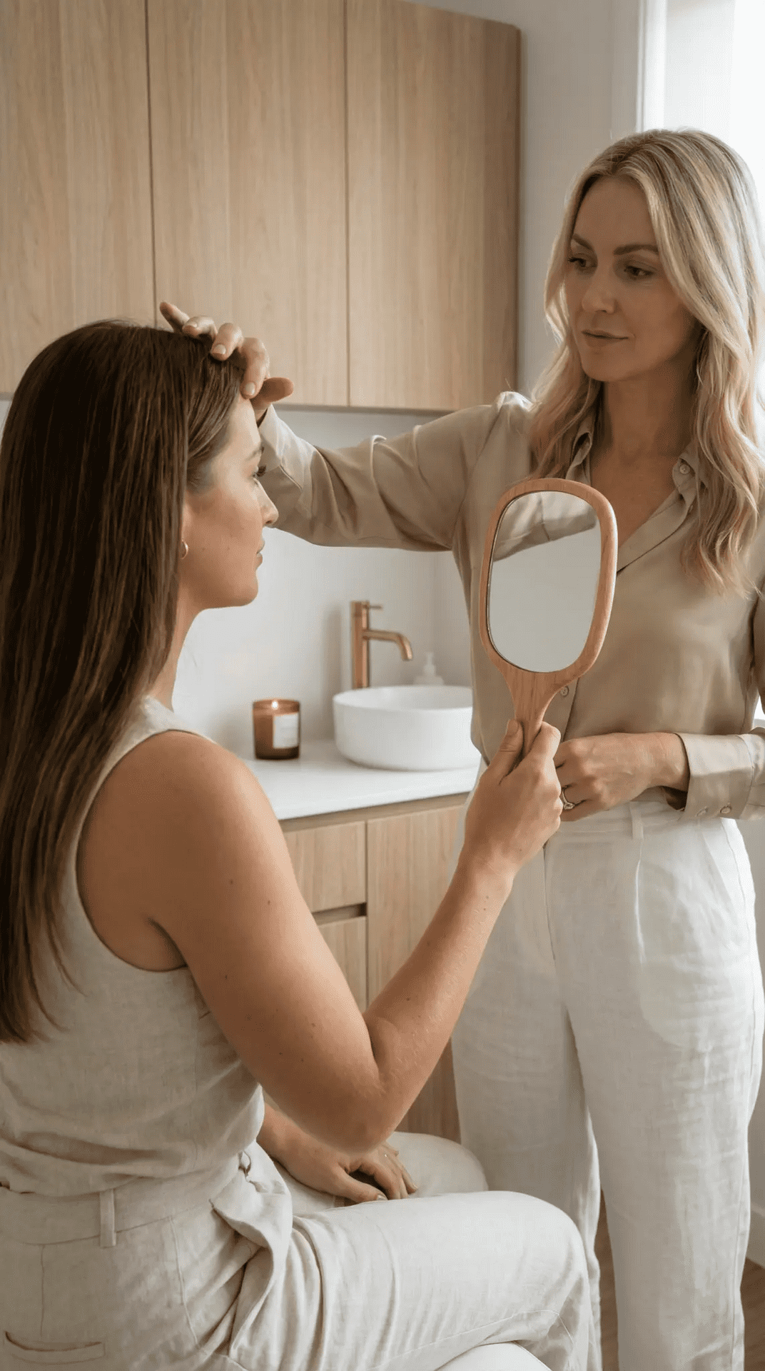 Beverly Beauty spa consultation showing beauty professional examining client skin in mirror