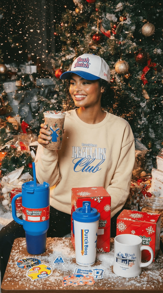 Dutch Bros coffee shop exterior with customers enjoying beverages in winter setting