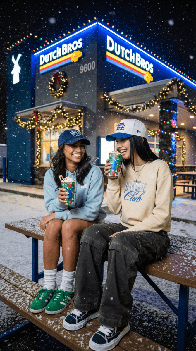 Happy Dutch Bros customers holding coffee drinks at drive-through window in snowy weather