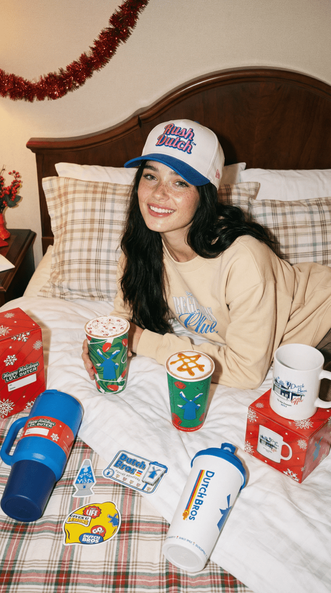 Dutch Bros winter campaign featuring customers with hot coffee beverages and smiling service