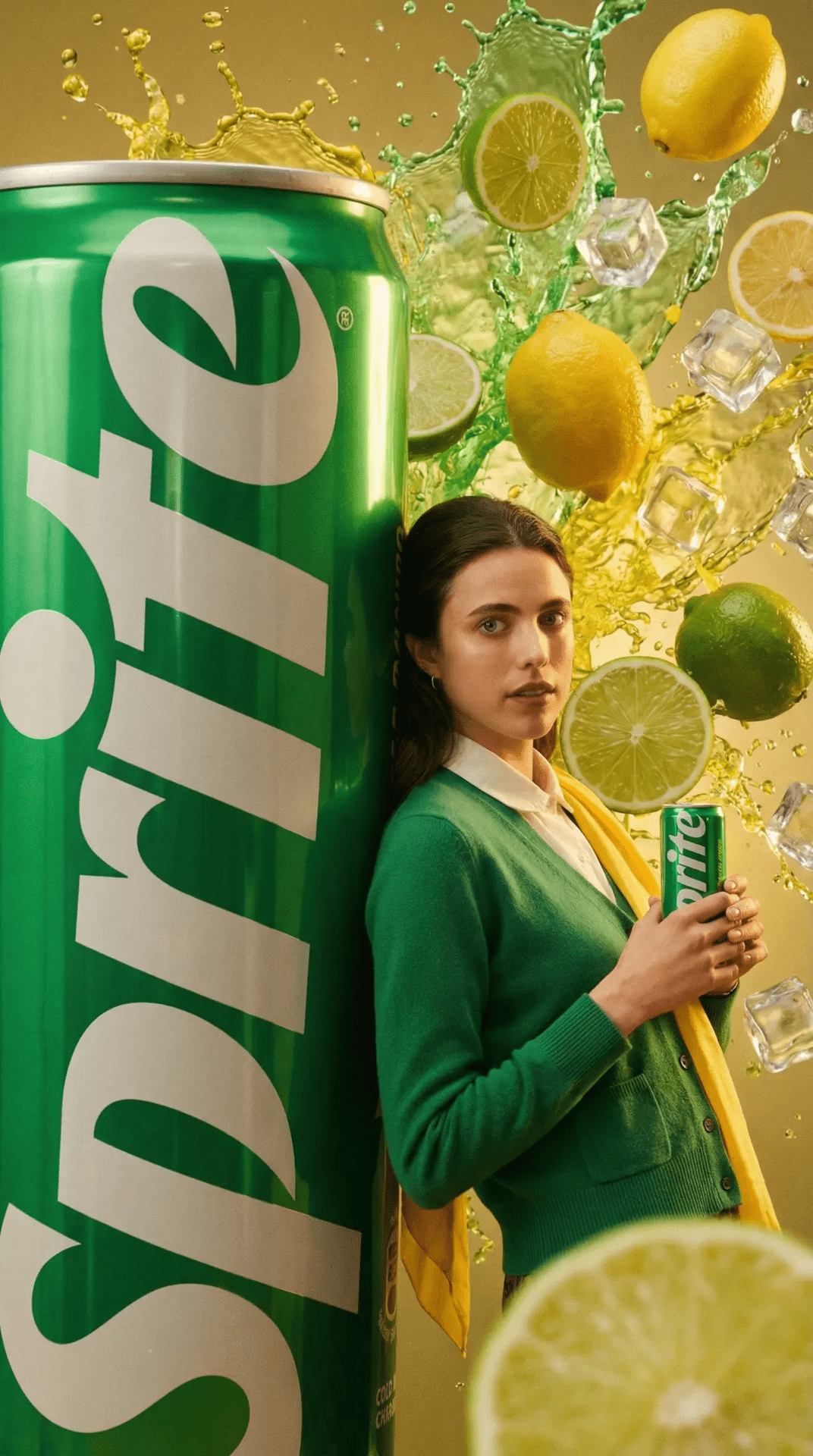 Sprite beverage campaign with lemon-lime splash and refreshing ice cubes