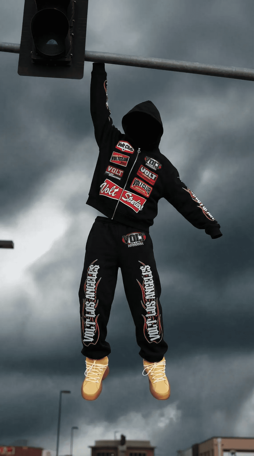 Volt LA streetwear campaign with model at traffic light wearing Lakers-themed apparel